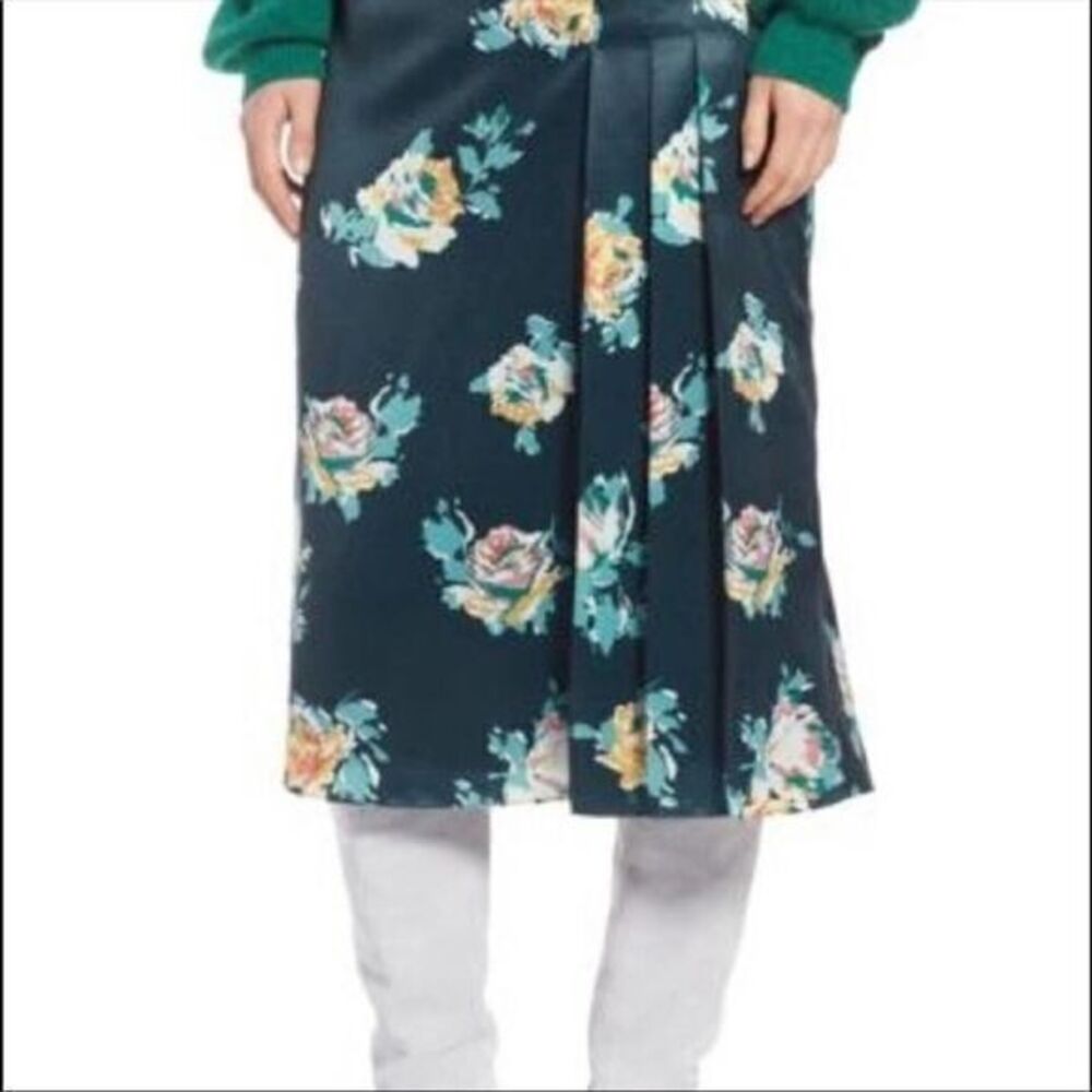 Halogen pleated floral green midi skirt NWT